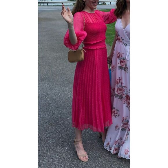 ASOS DESIGN Textured Pleated Shirred Midi Dress Hot Pink size 0 Smocked - Picture 11 of 11